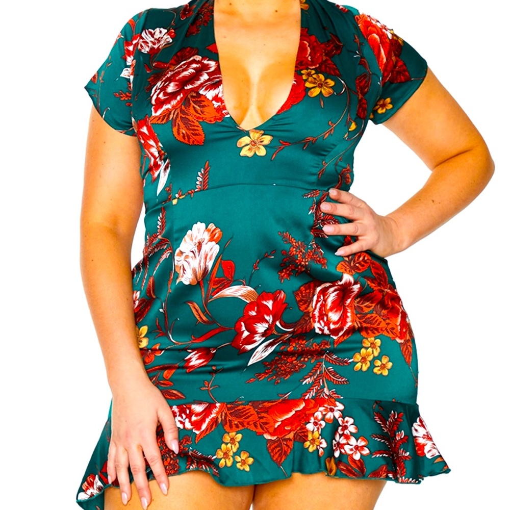 Prettylittlething Floral Green mini dress with lace up back